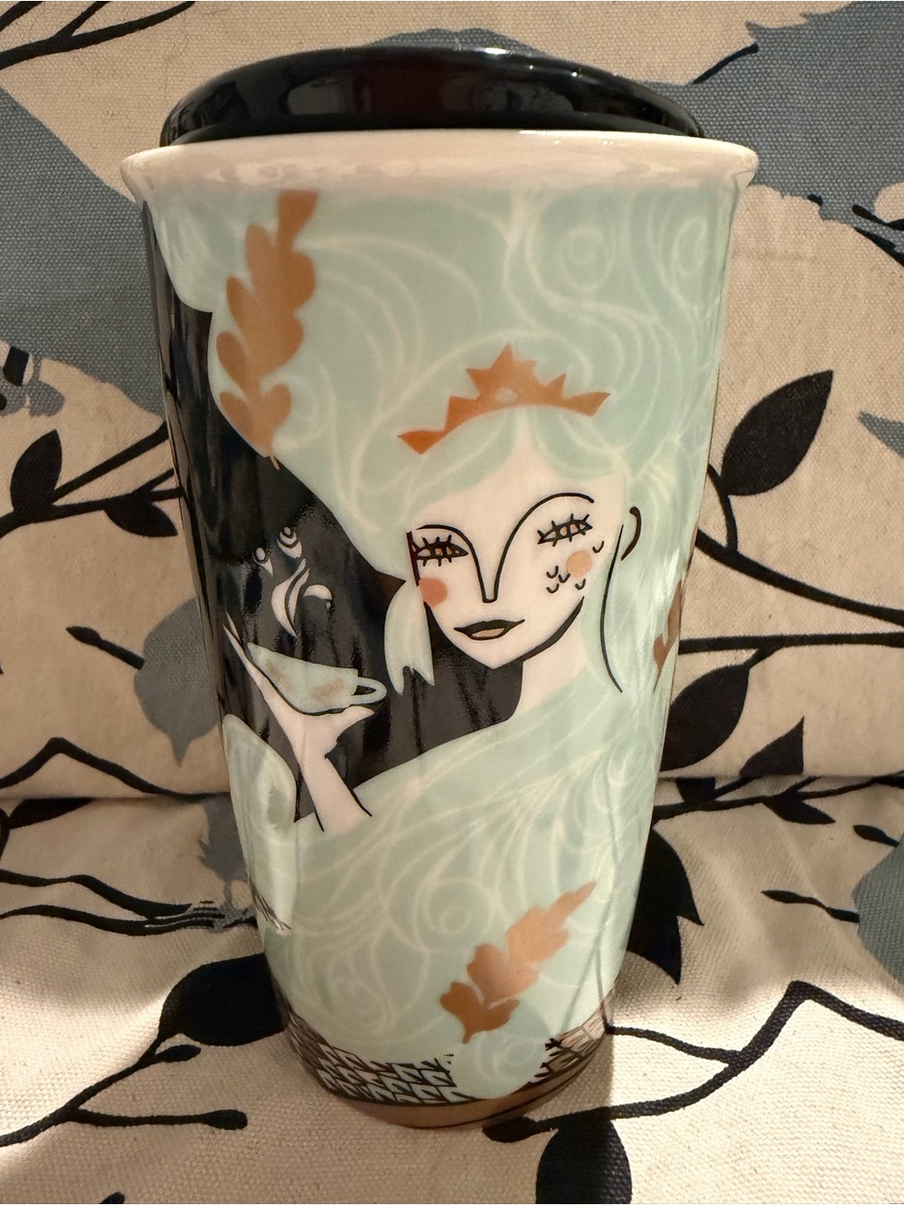 Starbucks Mint Green Black Gold Illustrated Ceramic Travel Mug